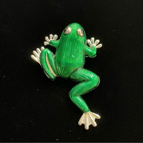 Enameled frog pin vintage silver, green, and black brooch - Picture 4 of 7